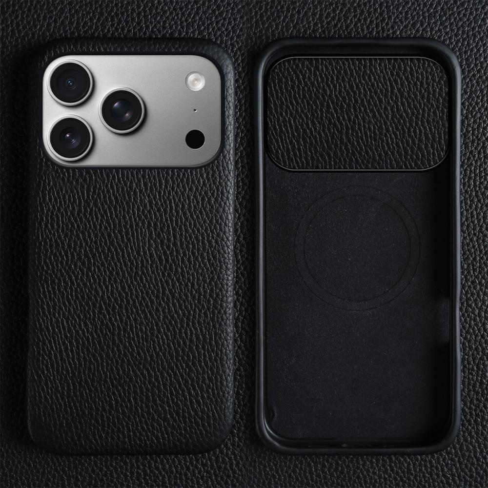 For iPhone 17 Pro Case Compatible with MagSafe Litchi Texture Genuine Cow Leather + PC Phone Cover