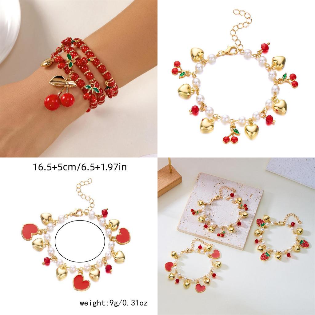 Fruit Jewelry Cherry Strawberry Heart Alloy Bracelet For Women Gift