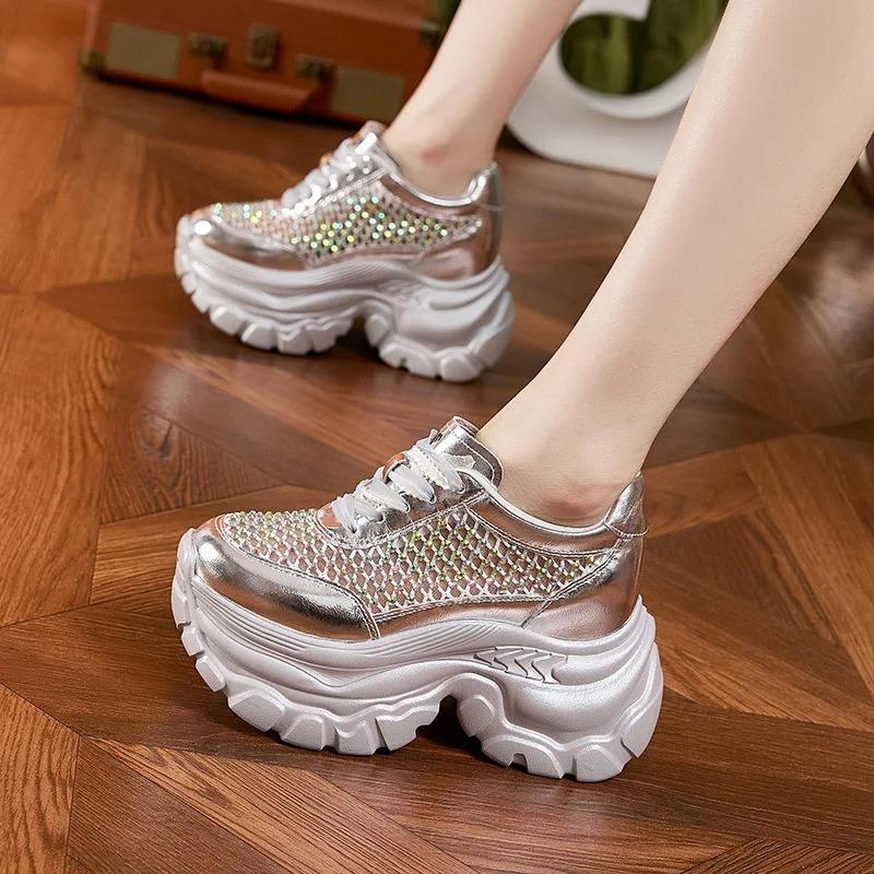 Fashion High Quality 9CM Air Mesh Microfiber Leather Summer Bling Bling Fashion Ankle Boots Hollow Chunky Sneaker Vulcanize Women Shoes