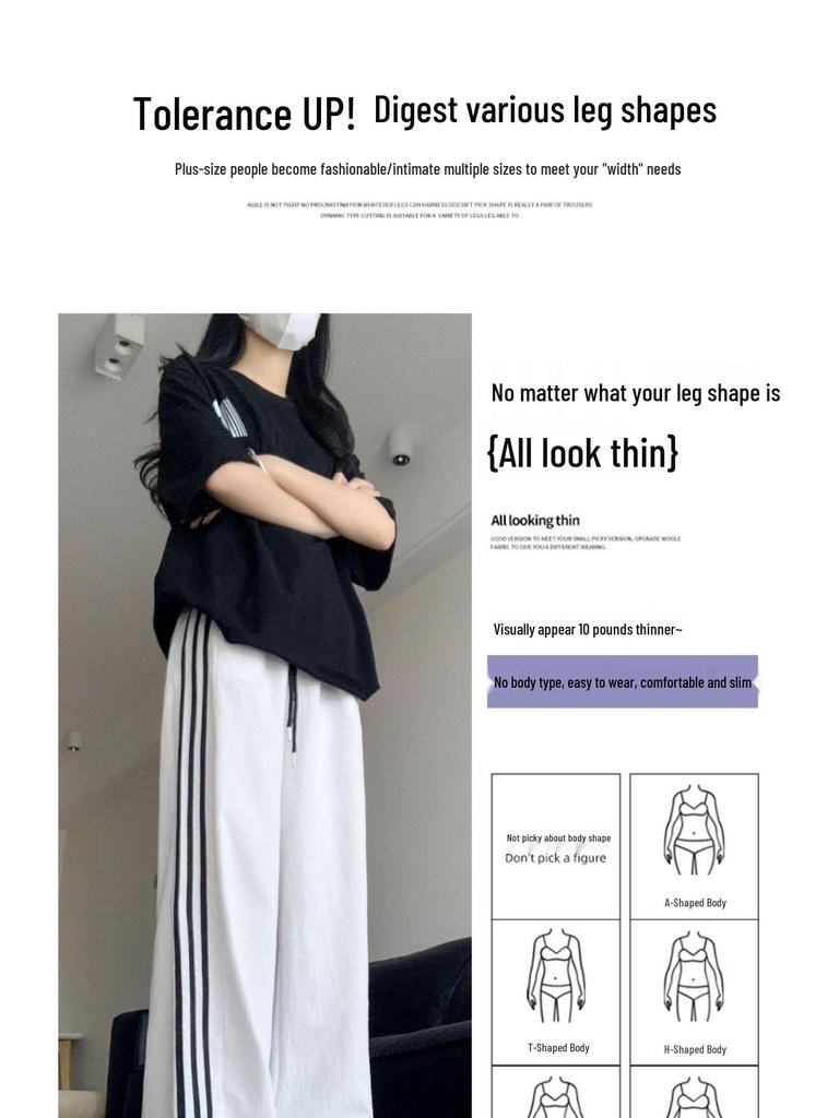 Women's High-Waist White Quick-Dry Wide-Leg Pants - Ice Silk, Anti-Mosquito, UV Protection, Summer Drape with Side Stripes