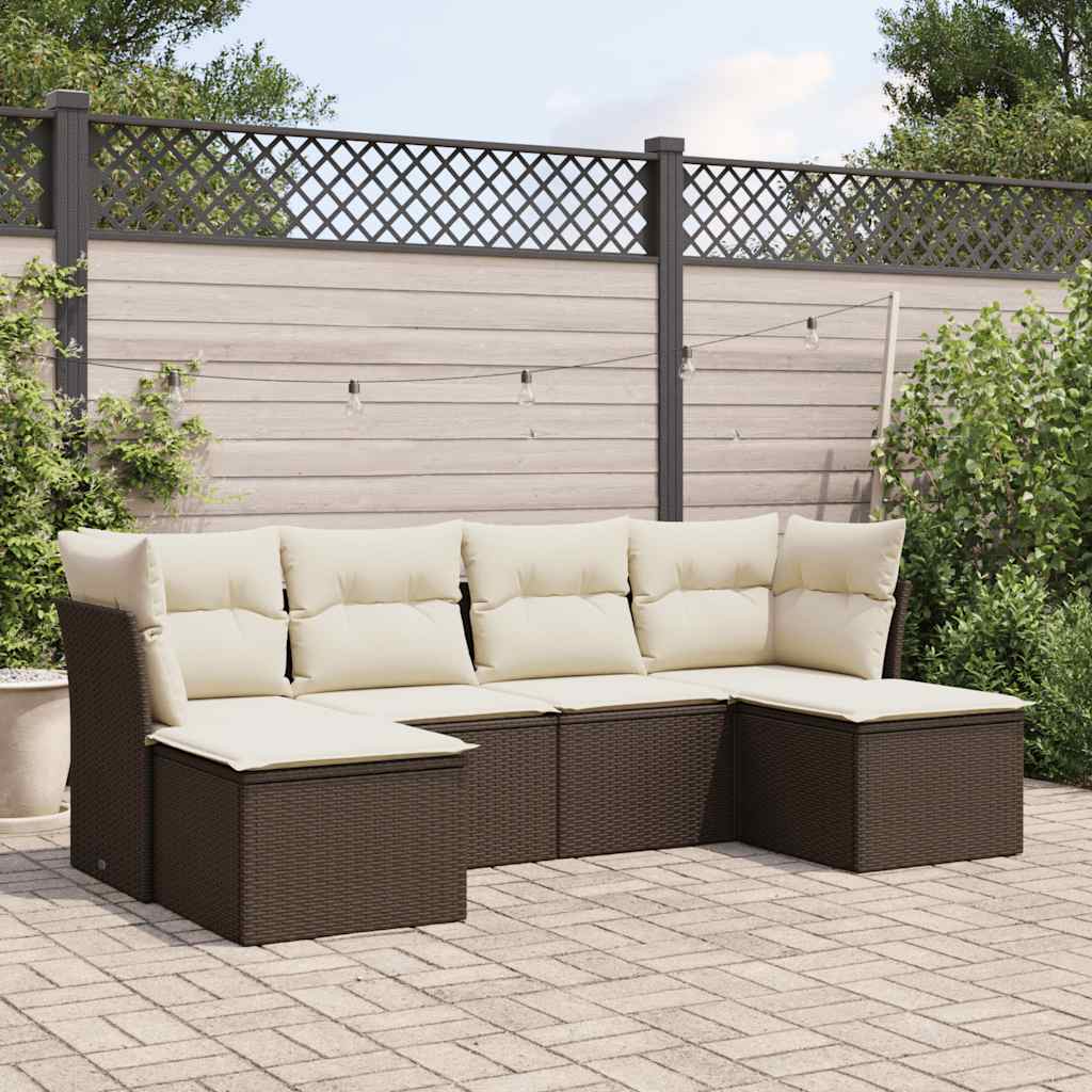 6 Piece Brown Garden Sofa Set with Cushions Poly Rattan