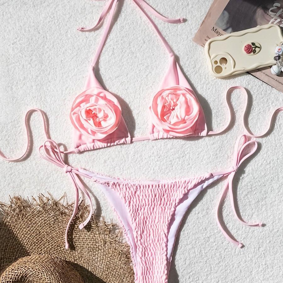 European And American Bikini Solid Color Sexy Hit Bikini With Decorative Three-Dimensional Flower Sexy Female Split