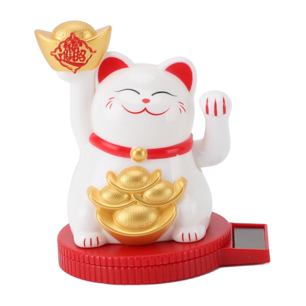 Solar Powered Lucky Cat Rotating Base Fortune Cat Statue for Car Dashboard Checkstand Desktop