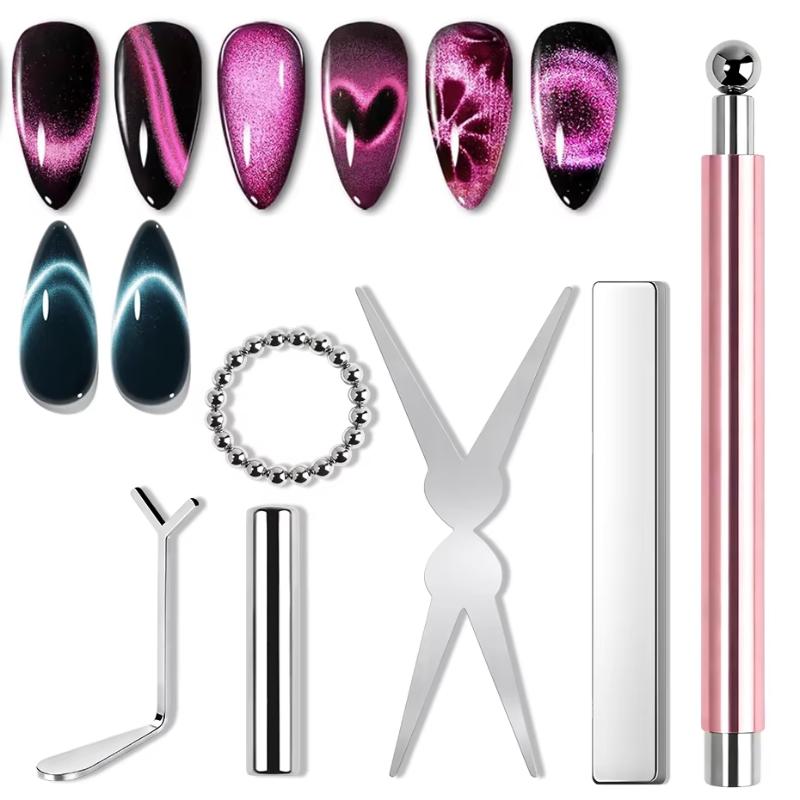 6Pcs Cat Eye Nail Magnet Tool Set, French Tips Cat Eye Heart Magnets Nail Magnet Stick Cat Eye Gel Polish Magnets Tools Manicure