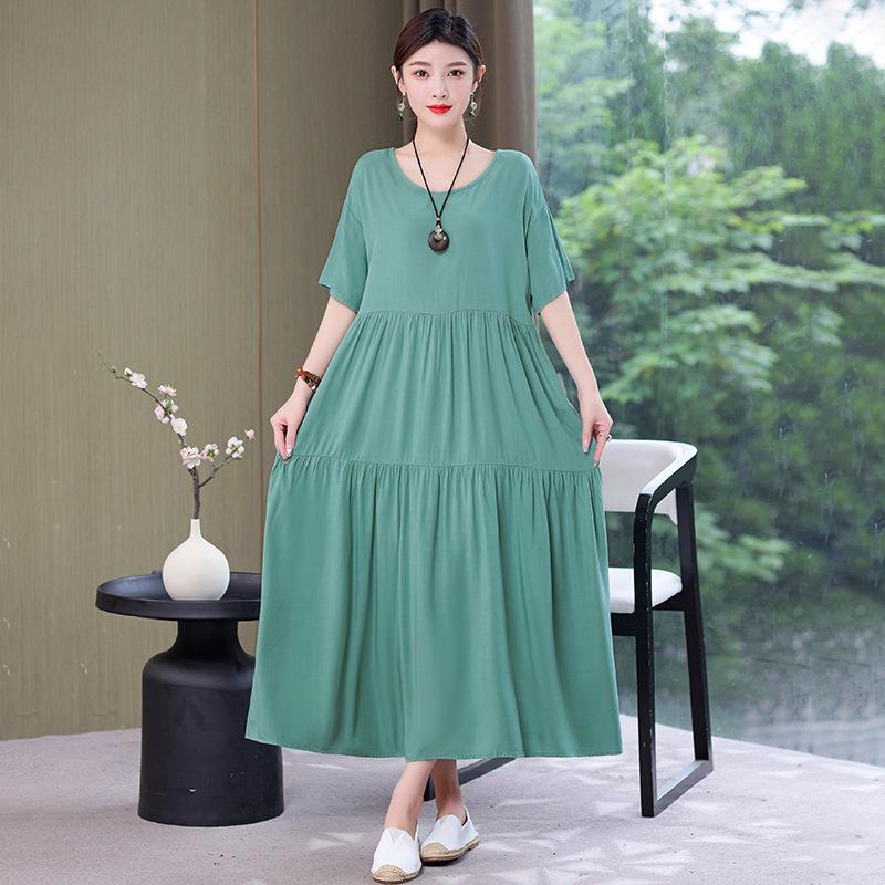 Women's 2022 Summer Solid Cotton Linen Dress - Slimming, Belly-Covering, Plus Size Long Dress