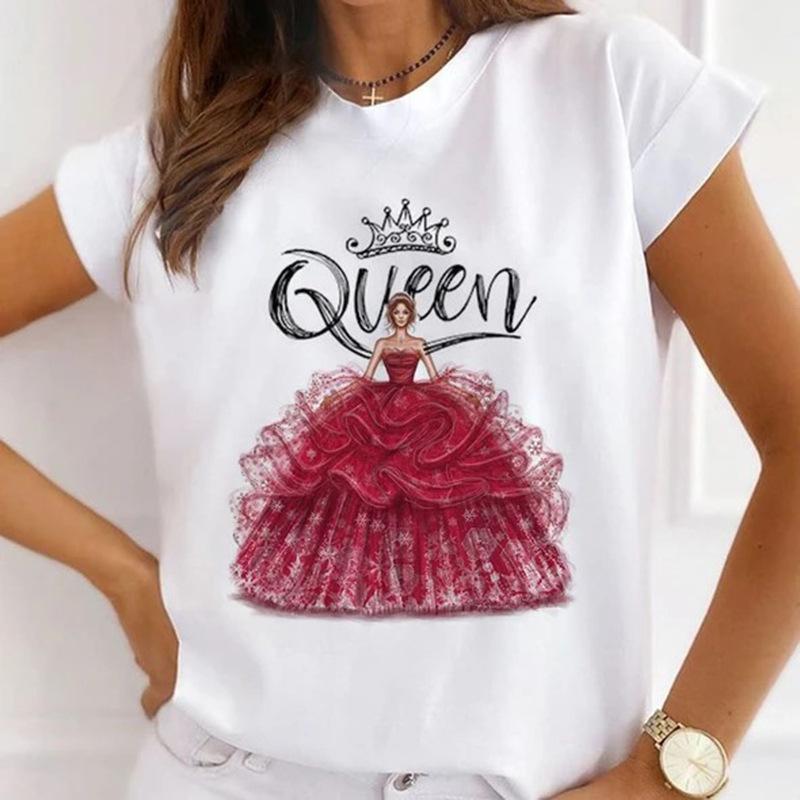Camiseta de Verano de Cuello Redondo con Estampado 3D de Patrón de Reina, Camisetas de Mujer Casuales de Moda de Manga Corta