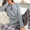 Women's Pajama Set Solid Long-sleeved Top with Plaid Trousers Suit Button Bow Trim Sleepwear Loungewear Nighties