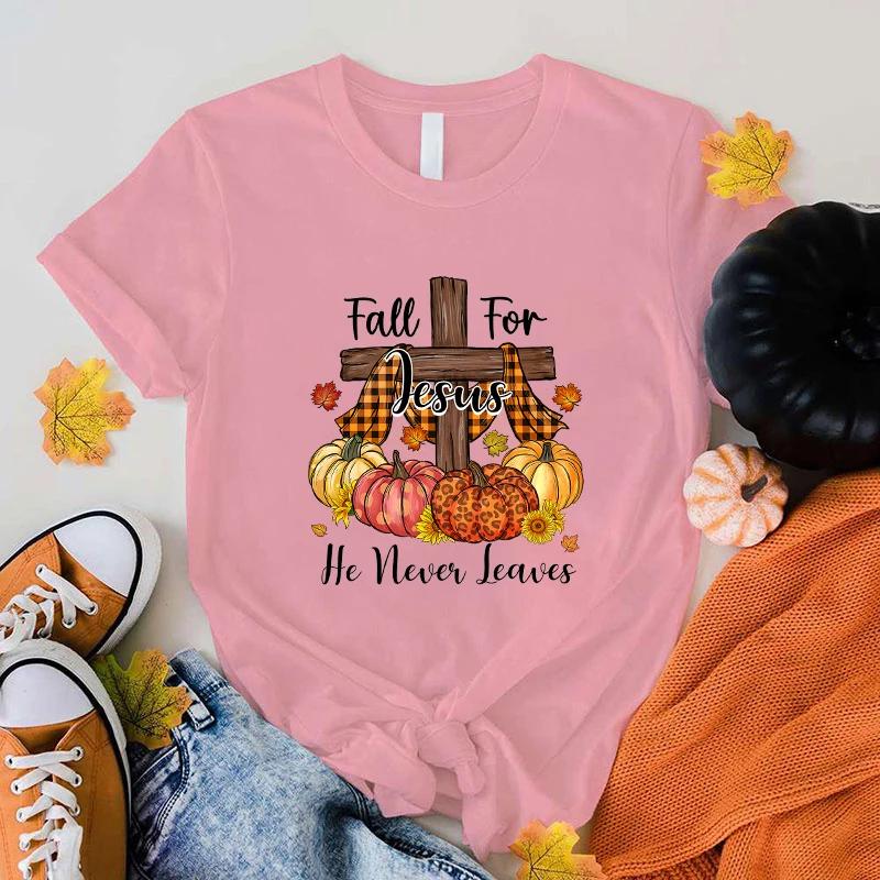 Unisex Short Sleeve Fall For Jesus He Never Leaves Print T Shirts Women Causal Harajuku Tops Funny T Shirt(Premium T-shirt)