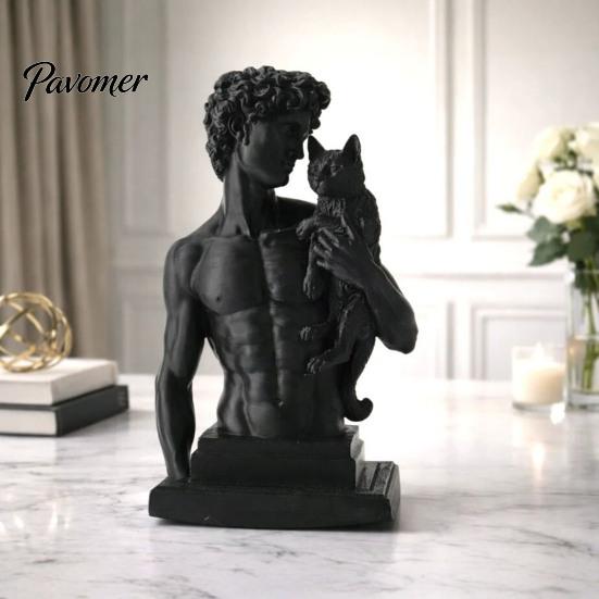 Stylish Living Room Decor 3D Printed David Statue with Cat, European Classic Art Sculpture Figurine Handcrafted Gift for Home Office Decor,
