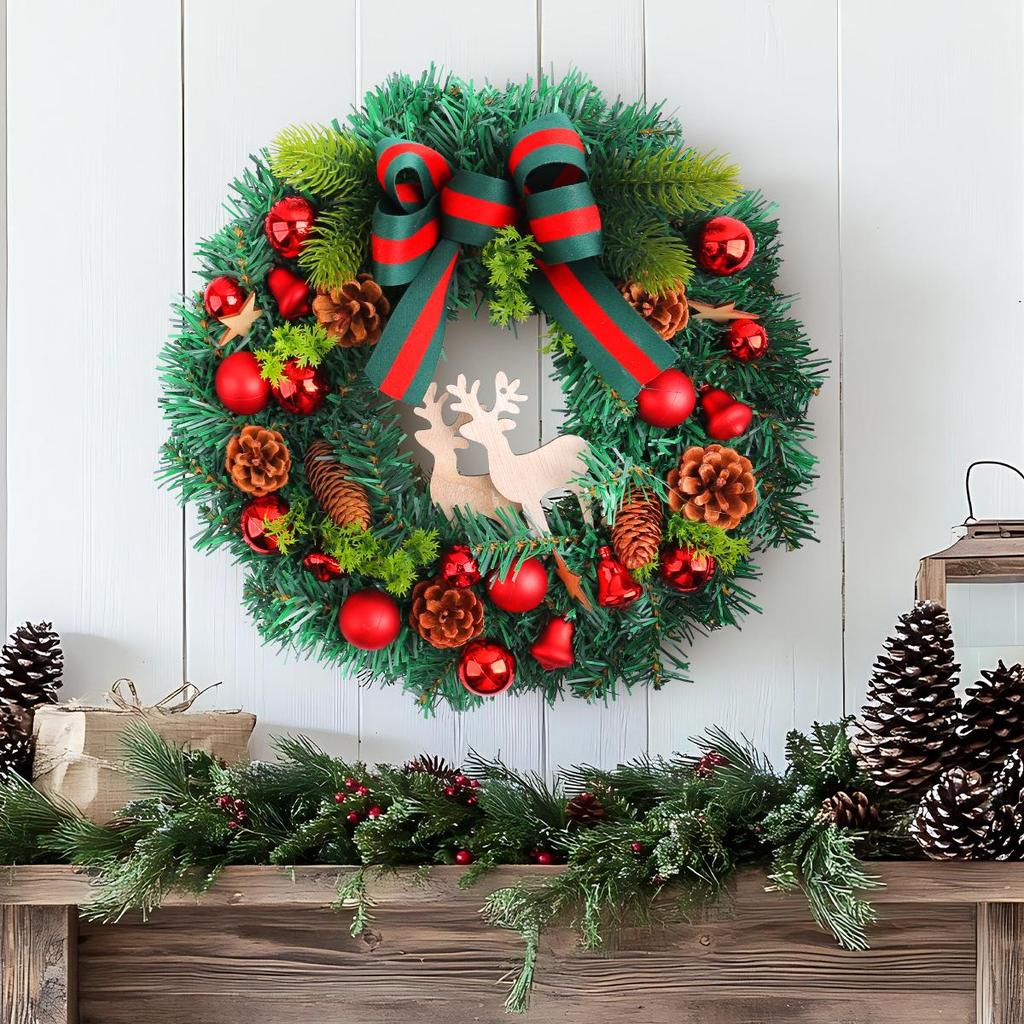 Christmas Pine Needle Reindeer Wreath with Colored Balls and Bow – Wooden Door Hanging Ornament