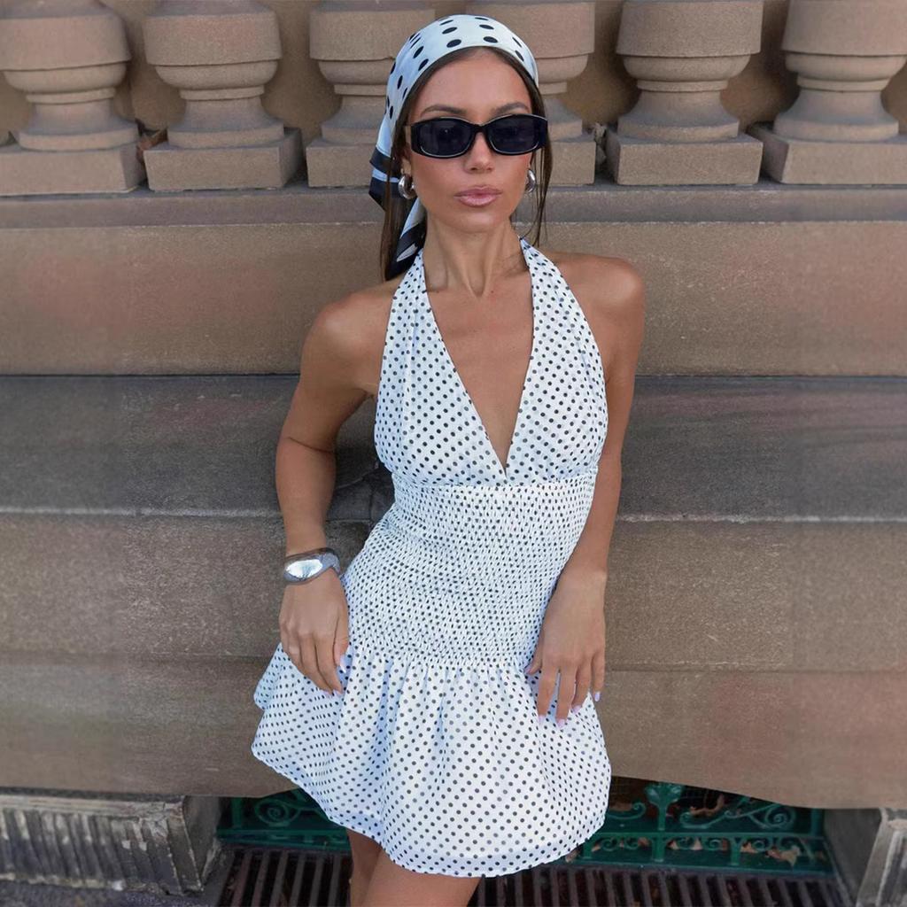 Šaty s puntíkovaným výstřihem a šněrováním, nová letní skládaná sukně v evropském a americkém stylu, šaty s odhalenými zády