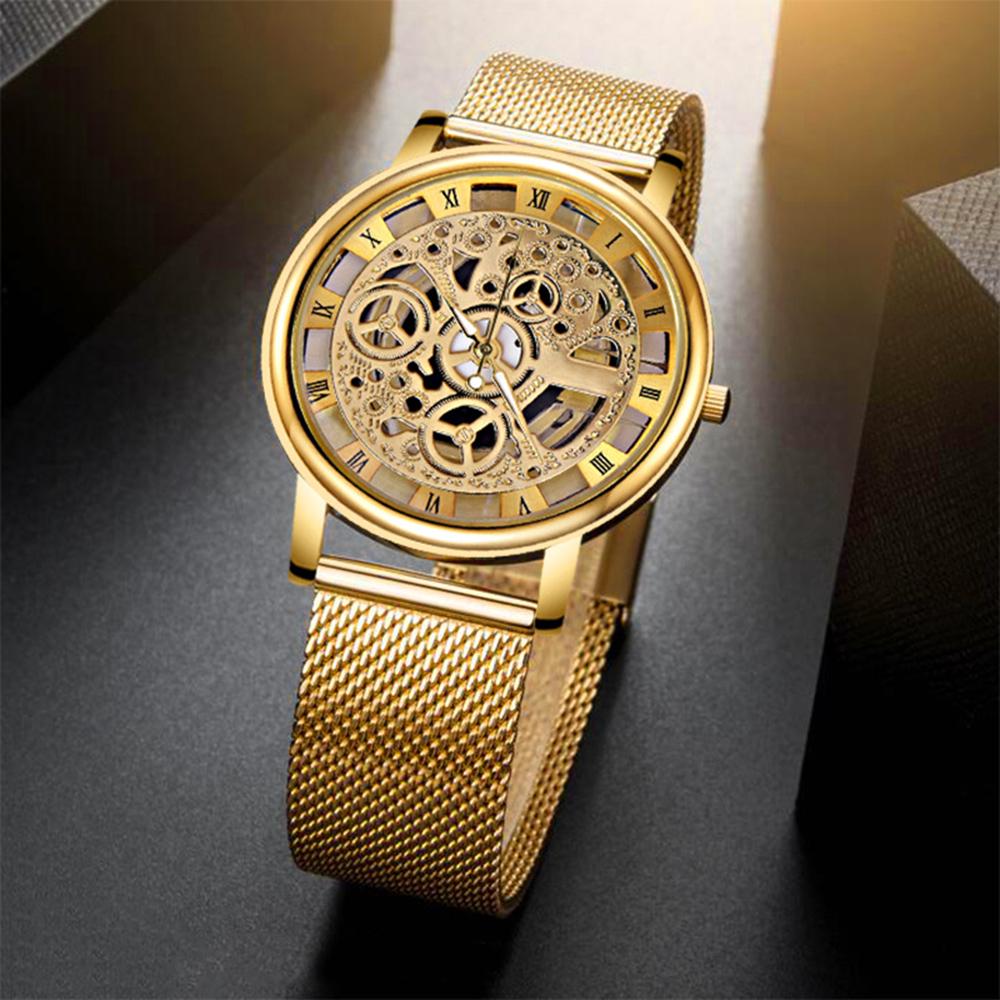 Fashion Metal Mesh Band Watch Men Vintage Hollow Quartz Watch Round Dial Wrist Watch