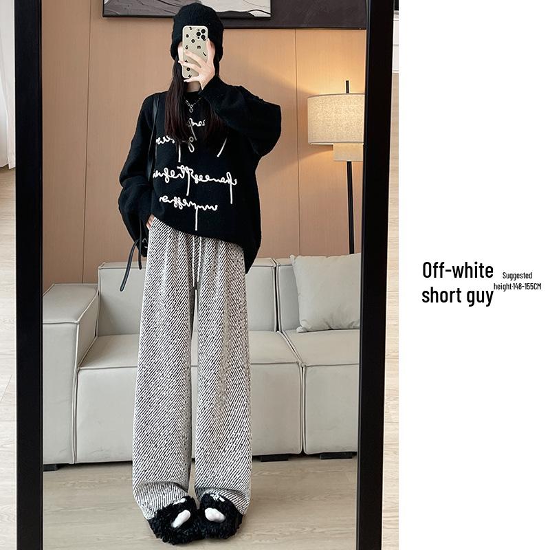 Women's Striped Wide-Leg Wool Pants, Spring/Autumn 2025: Loose, Casual, Drapey Twill with Silver Thread Detailing.