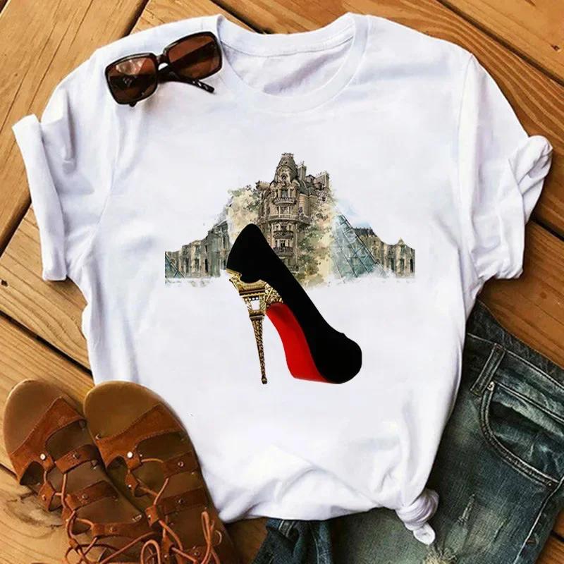 Women's Summer Short Sleeve T-shirt Casual Tops T Shirt Harajuku New Fashion High Heels Personalized Printed