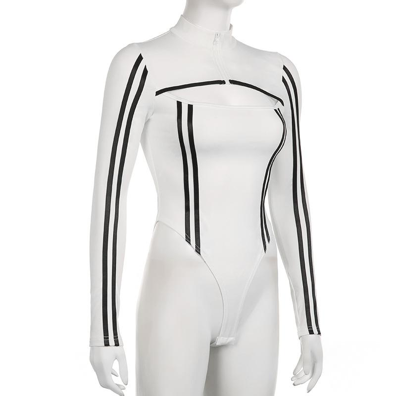 Tuta europea e americana in stile motociclistico a righe a contrasto con collo alto con zip, top casual versatile slim fit da ragazza piccante