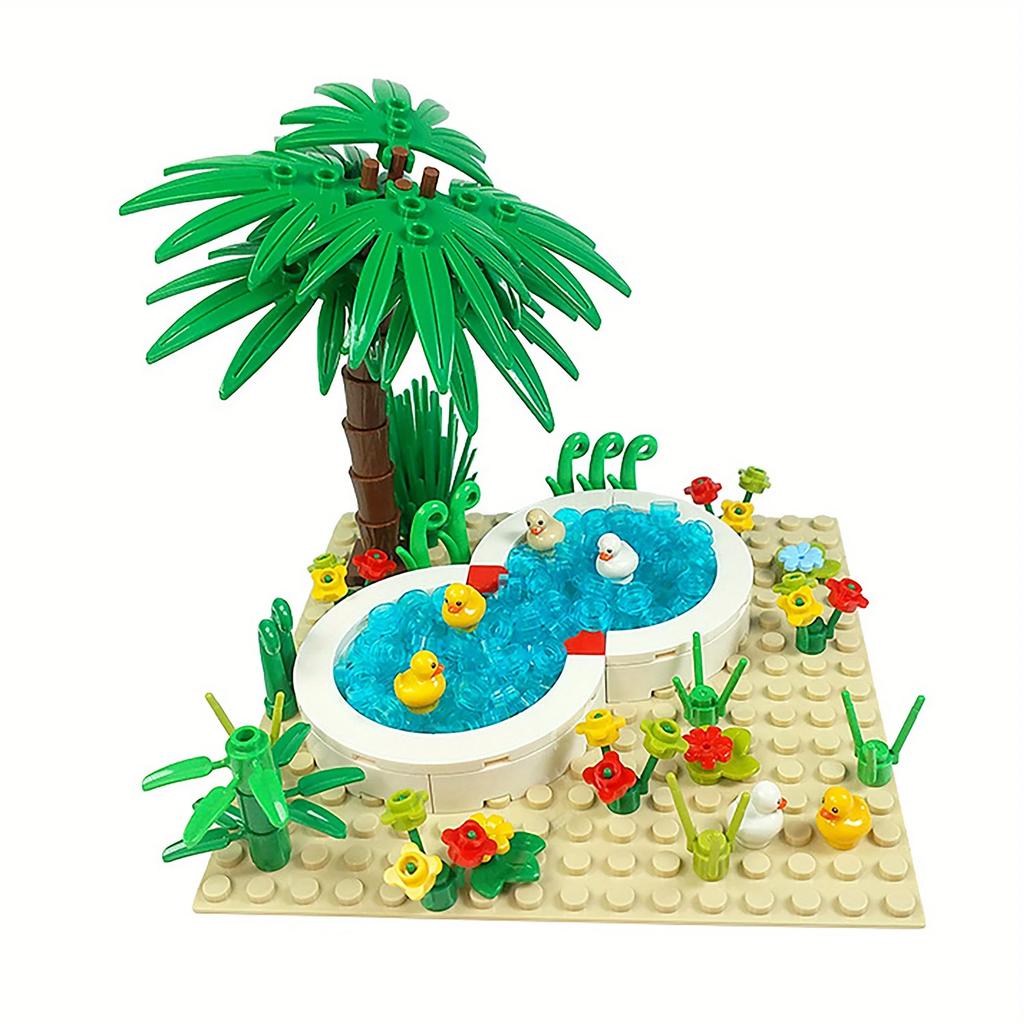 Conjunto de Brinquedos de Blocos de Construção de Piscina de Pato Fofo, Animais Pequenos Criativos, Plantas e Blocos de Construção de Piscina, Decoração de Casa e Presente