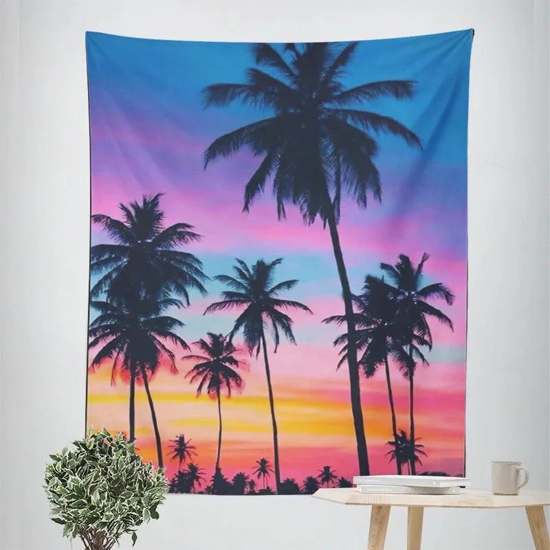Tapeçaria decorativa tropical de coqueiros ao anoitecer, decoração de parede para casa, escritório, sala de estar