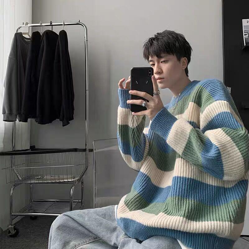 Randiga Tröjor Herr Lös O-hals Pullovrar Herrar Vinter Tjock Varm Mjuk Toppar Stickad Vintage Koreansk Stil Mode Stilfull