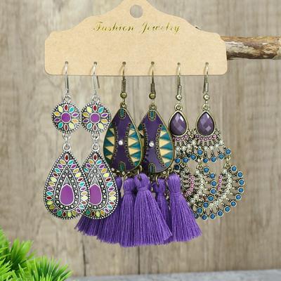 Bohemian Ethnic Style Earrings Set for Women Creative Retro Drop Oil Rhinestoen Water Drop Tassel Earring Female Jewelry