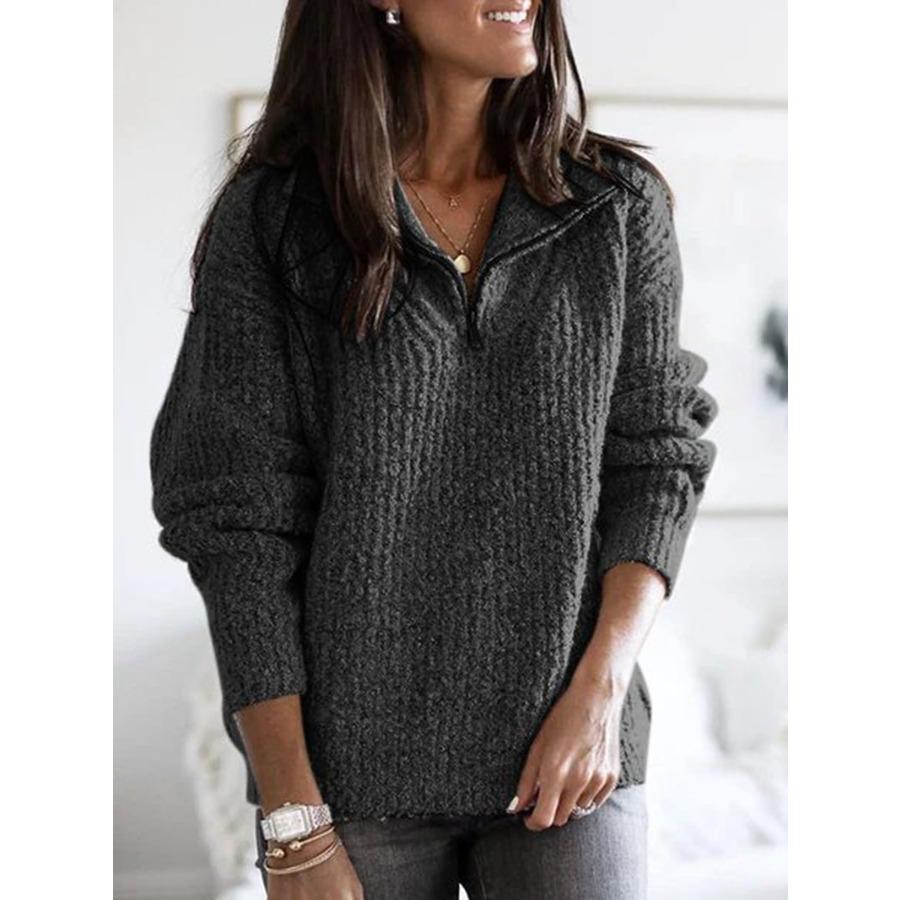 Herbst Winter Damen Langarm Umlegekragen Reißverschluss Strickpullover Pullover Mäntel