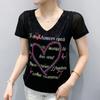 Summer New Short Sleeve Sexy Lace Letter Heart T-shirt Shirt Women Casual V-Neck Hot Diamonds Tees Ladies Elegant Pullover Tops