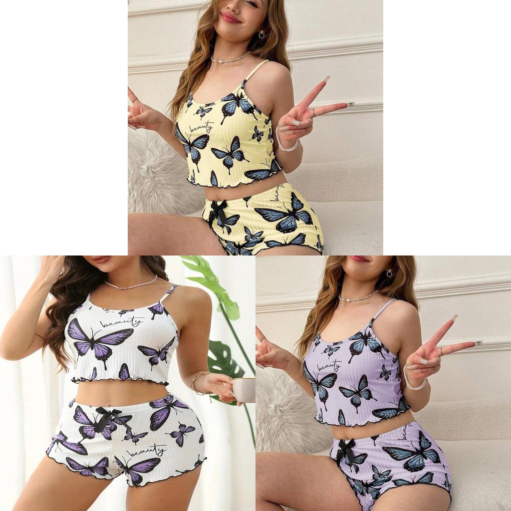 Butterfly Ladies Homewear Set With Polyester Fabric For Casual Lounge And Sleep