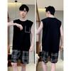 Baumwolle Herren Pyjama Weste Shorts Ärmellos Student Loungewear Pflegeleicht Rundhals Pullover Karoshorts 2-teiliges/Set