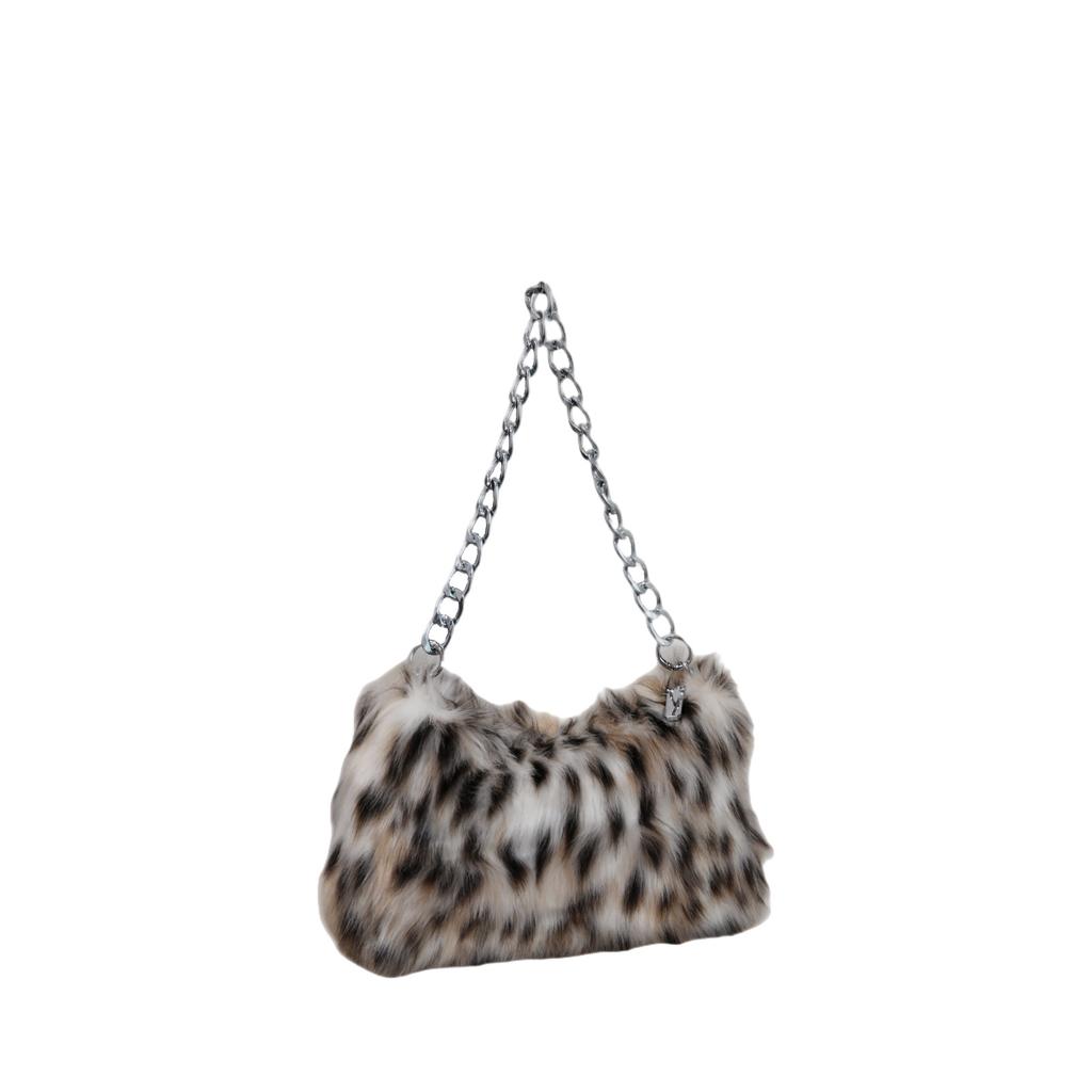 New Faux Fur Underarm Shoulder Bag Chain Strap Leopard Print Baguette Evening Clutch Bag for Women Fashion Trendy Soft Comfortable Multi-Occasion