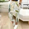 Women Plus Size Tropical Leaf Printed Drawstring Waist Cuffed Ankle Jogger Pants With Side Pockets