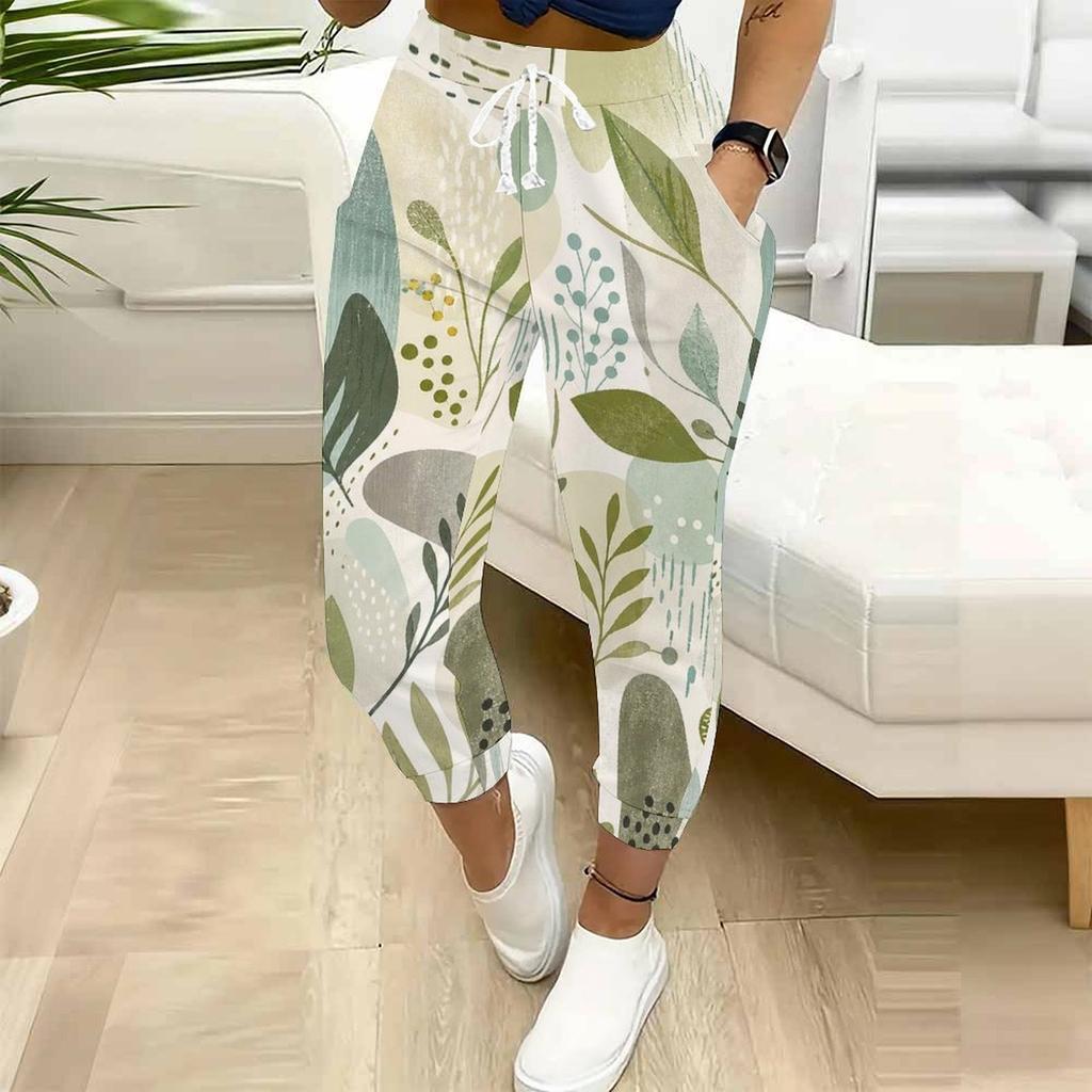 Women Plus Size Tropical Leaf Printed Drawstring Waist Cuffed Ankle Jogger Pants With Side Pockets