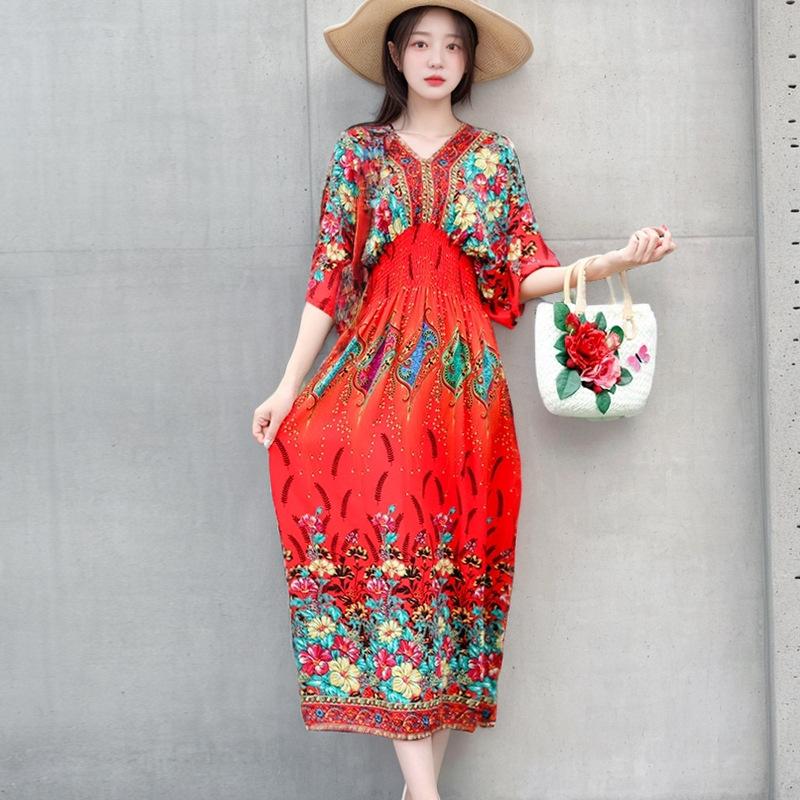 Ethnic Style V-neck Cotton and Silk Short-sleeved French Thai Style Dress for Women's Summer Printing Pastoral Style Skirt for Vacation Wear