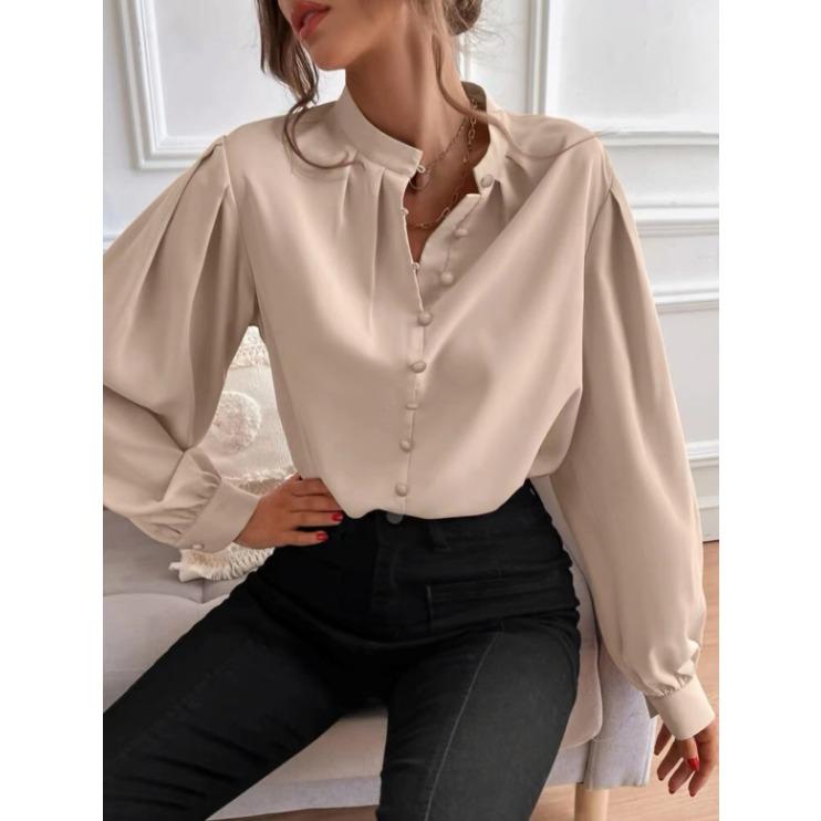 

Elegant Pure-color Turtleneck Long-sleeved Loose-fitting Single-row Buttons Women s Blouses & Shirts S хакі