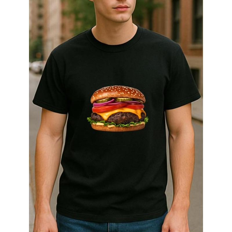 

European sizes Hamburger Print | Men S Casual Short-Sleeved Round-Neck T-Shirt, Versatile Daily Top, Medium Stretch Fabric, All-Season Wear 4XL