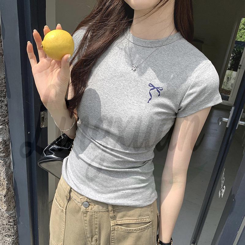 Summer 2026 Sexy Bow Print Slim Fit Women s T-Shirt Large светло-серый