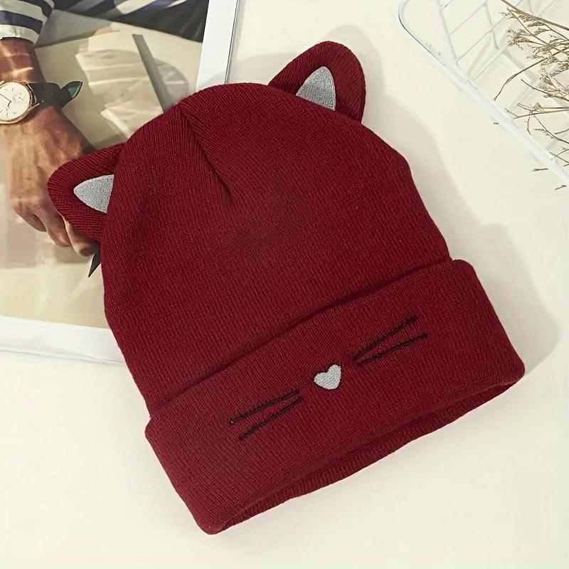 Cute Cat Embroidery Brimless Cap Outdoor Warm Ear Protection Cat's Ears Pullover Hat Woman Autumn and Winter Soft Head Cap