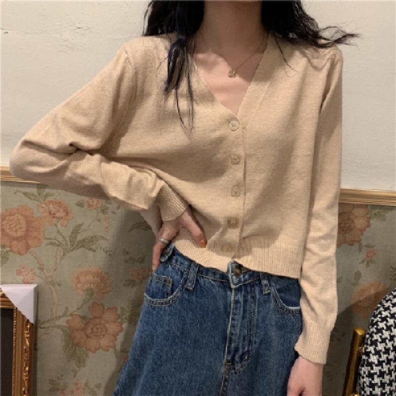 Early Autumn New Knitted Outer Cardigan Short Korean Version V-neck Loose Inner Long-sleeved Thin Sweater Jacket Women's Clothing