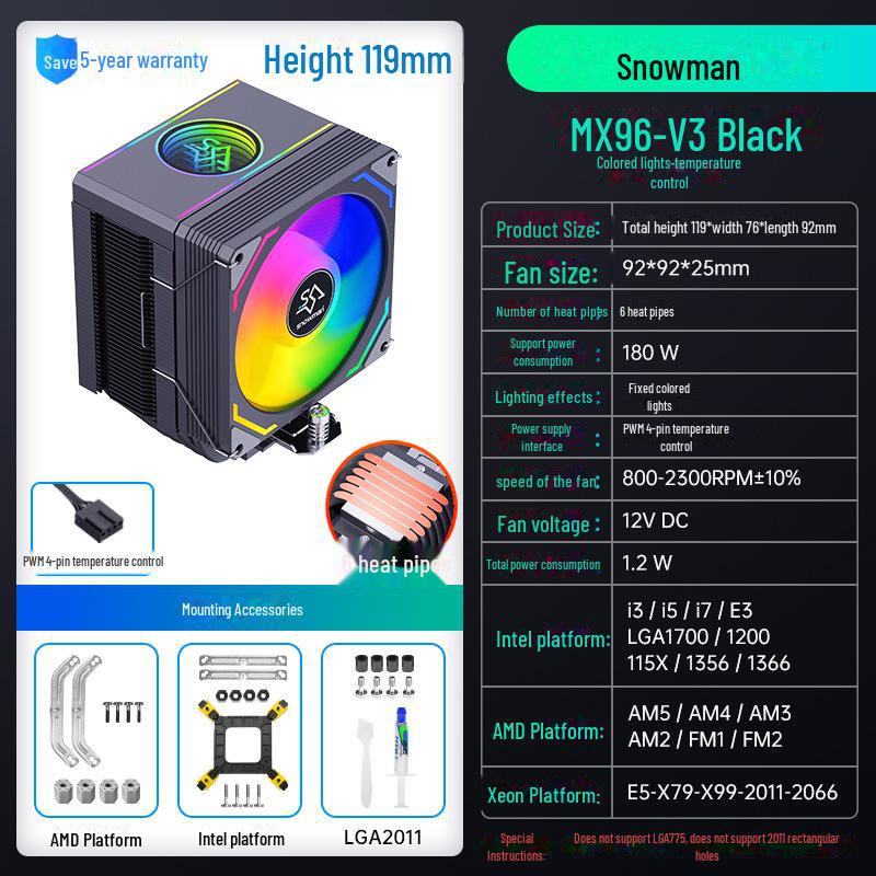 SNOWMAN Bingman MX96 Silent Heat Pipe CPU Cooler, Air Cooled for Computer Fans, Compatible with AMD, X99, LGA 1700, 2011, with 6 Heat Pipes.