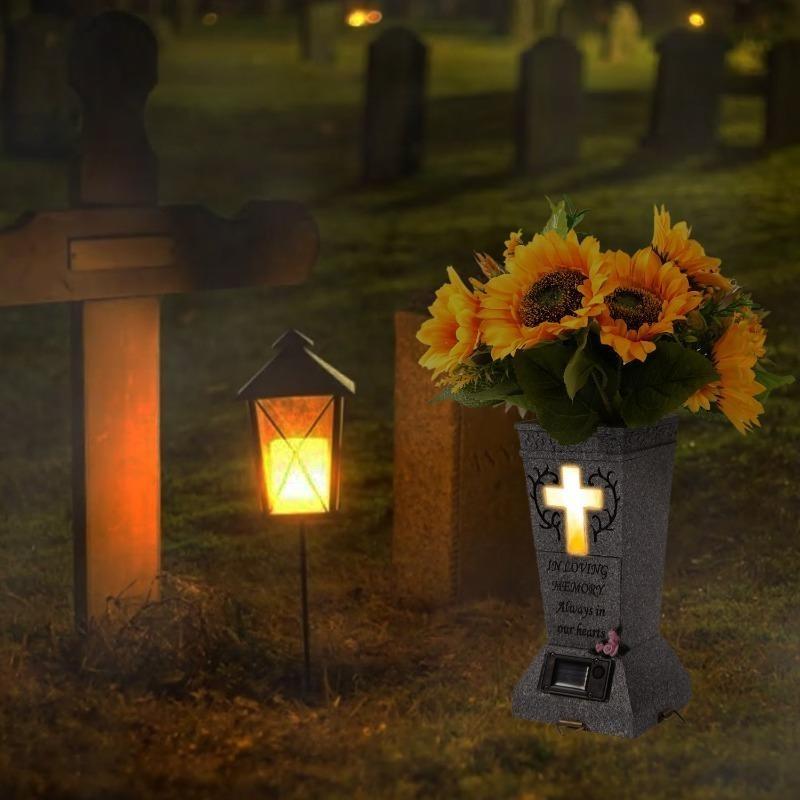 Waterproof Solar Light Cross Grave Vase, Solar Powered Weatherproof Cemetery Flower Holder for Pet & Human Headstones