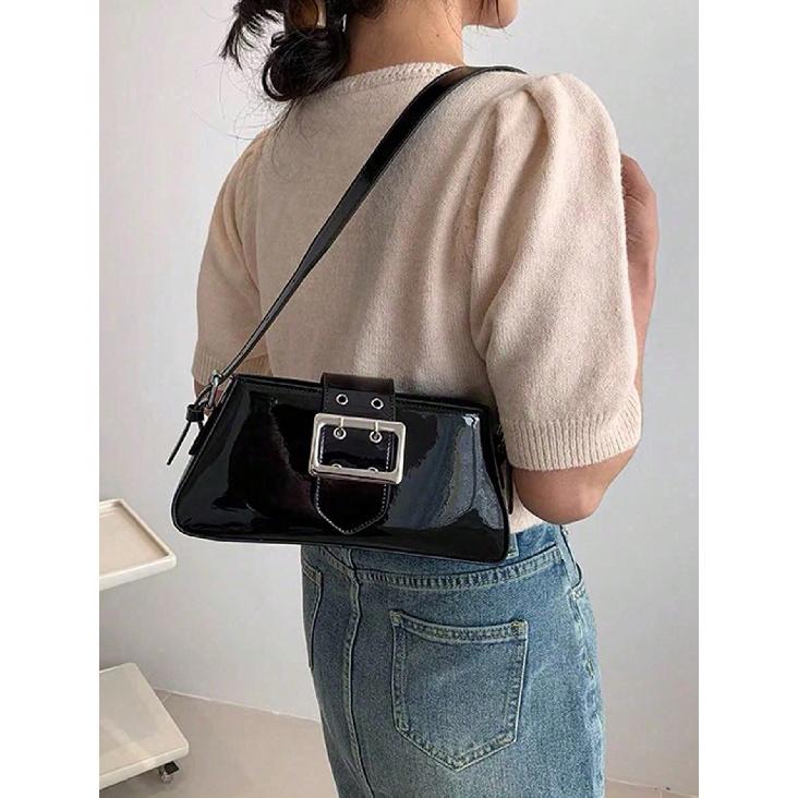 

Handheld Patent Leather Silver Sweet Cool Spicy Girl Style Bag New Niche Design Pink Motorcycle Underarm Bag for Women чёрный