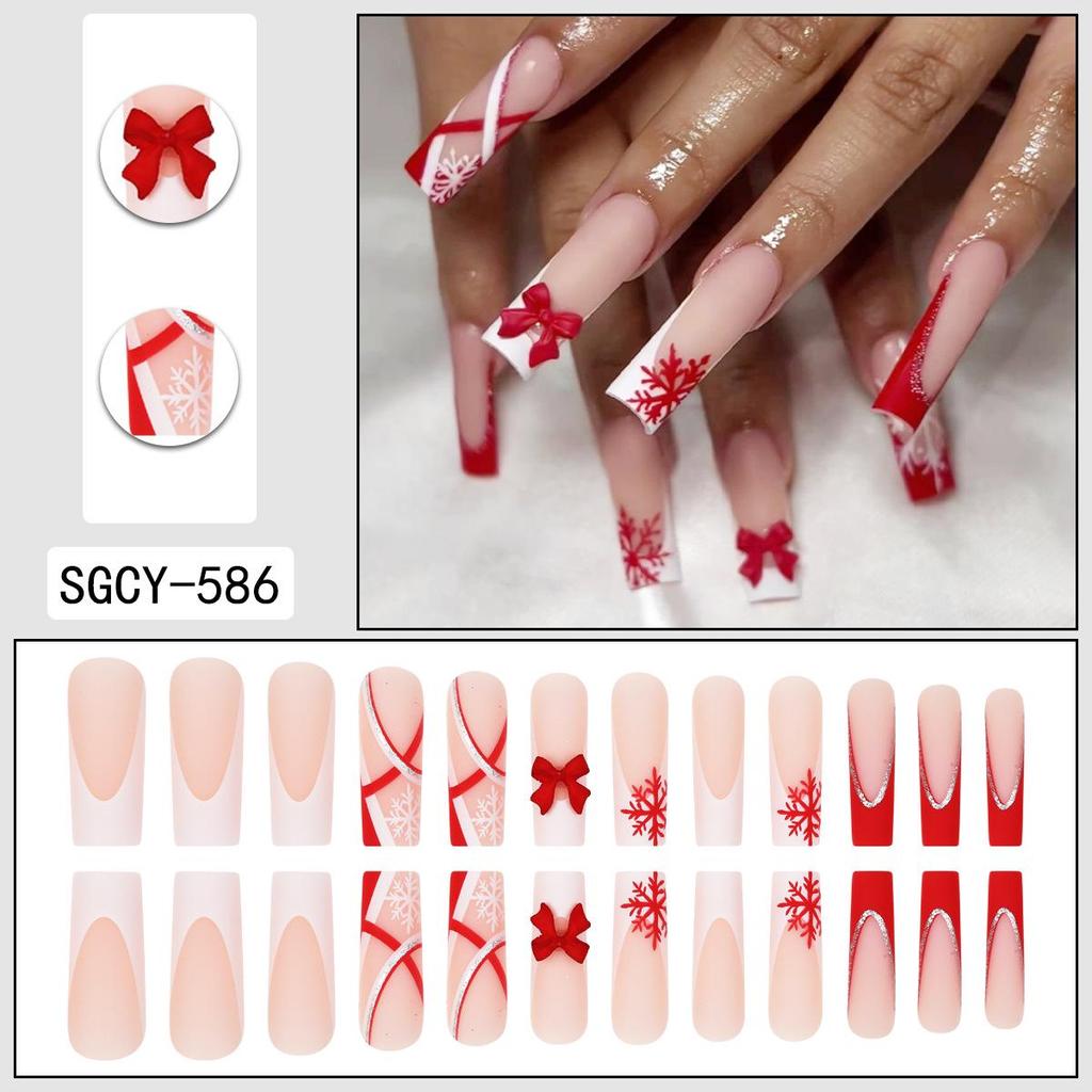 Gradient Snowflake Rhinestone Bow Christmas Nail Art - European & American Style False Nails