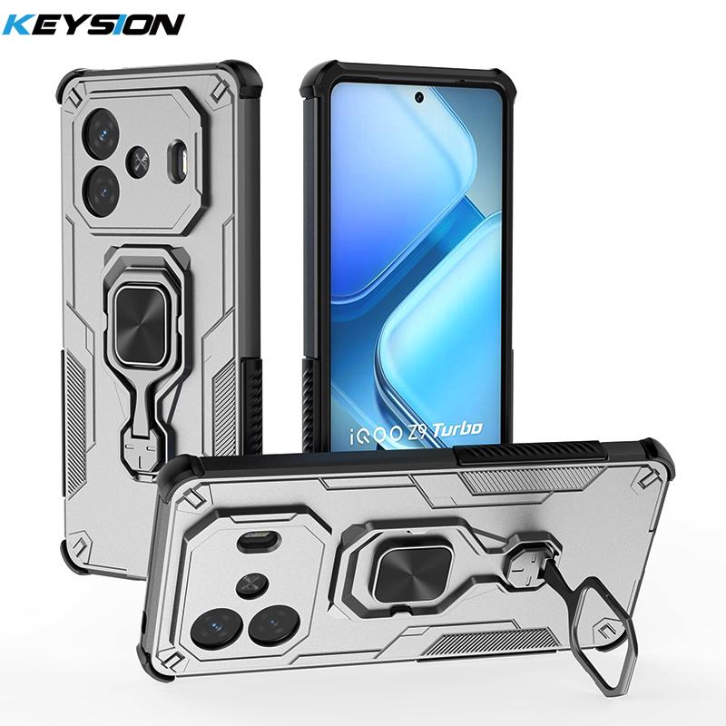 KEYSION Shockproof Armor Case for IQOO Z9 Turbo Soft Silicone+PC Upright Metal Ring Stand Phone Cover for IQOO Z9 Turbo+ Z9 5G