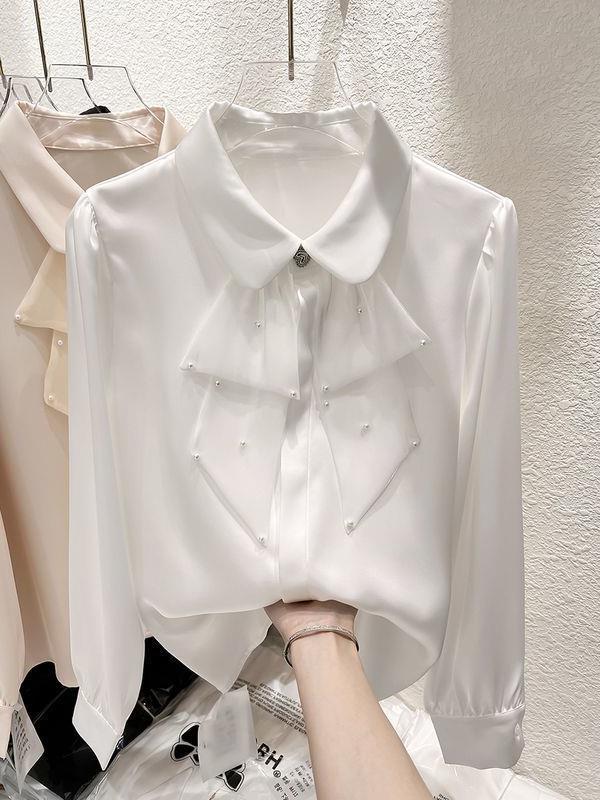 2024 Koreanischer Stil Rüschen Perlenbesetztes Revers Langarm Chiffon Top für Damen