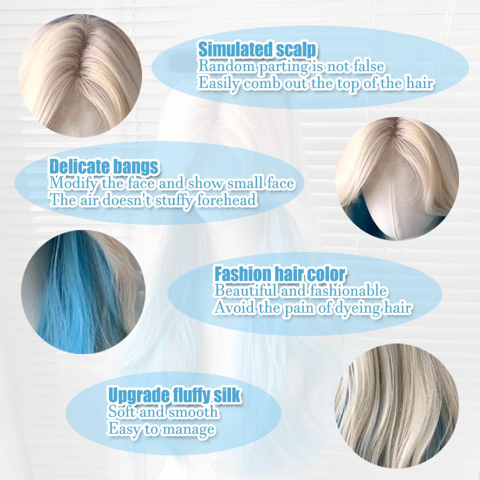 White Gold Highlights Blue Wave Synthetic Wig Female Delicate And Elegant Lolita Wig Small Lace Bangs Big Waves Long Curly Wig