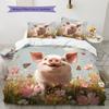 Pig and Flowers Pattern Bedding Home Decoration Birthday Gift (1 * Duvet Cover + 2 * Pillowcase, Without Core)