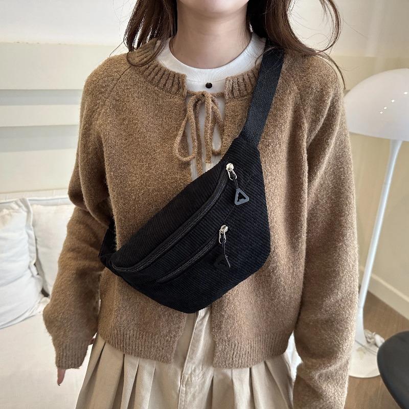 Women'S Corduroy Chest Bag Casual Spaghetti Strap Cross Body Bags Adjustable Strap Zip Closure Front Pocket for Shopping