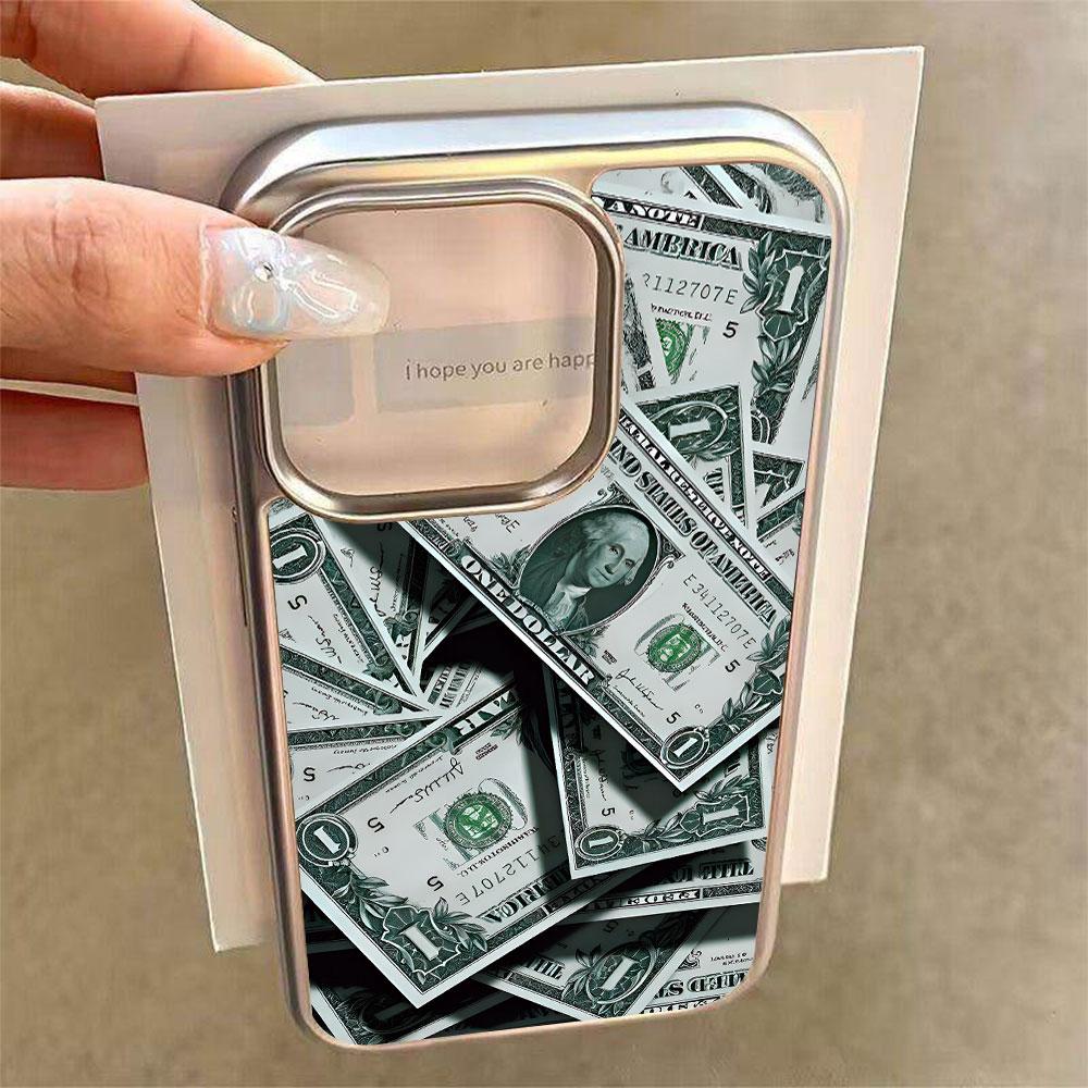 Money Pattern Electroplated Frame Clear Phone Case For iPhone 17 Pro Max 16 15 14 13 12 11 Pro 16 Plus 17 Air Shockproof Cover