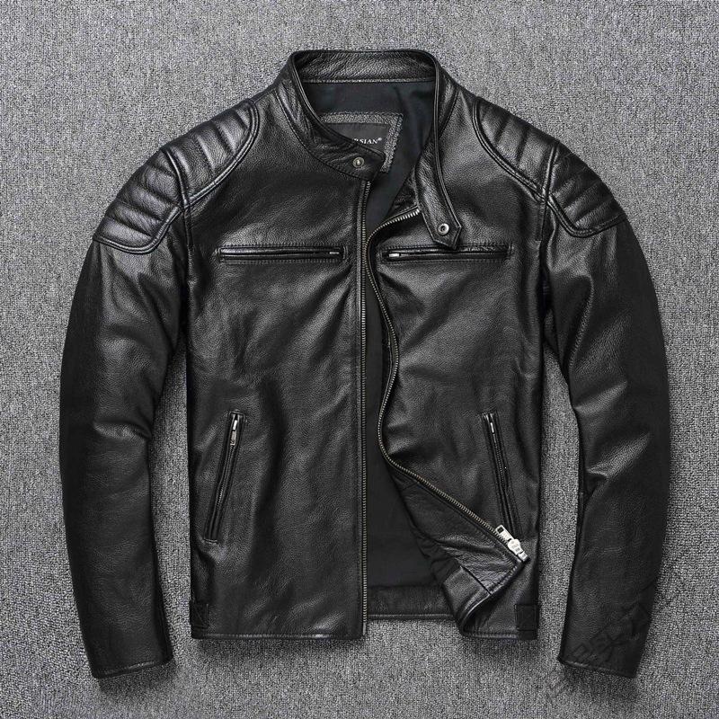 The new Khaki cowhide pattern is very good, leather jacket, men's stand-up collar lapel locomotive clothing, middle-aged and young men's leather jacke