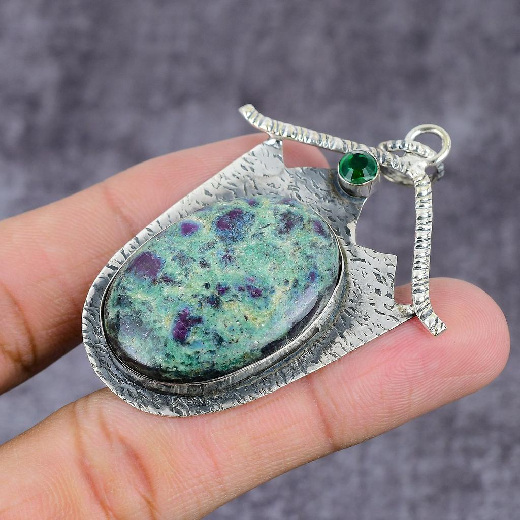 Ruby Fuchsite,Diopside Lab-Created Handmade 925 Sterling Silver Pendant 2" b3Z92