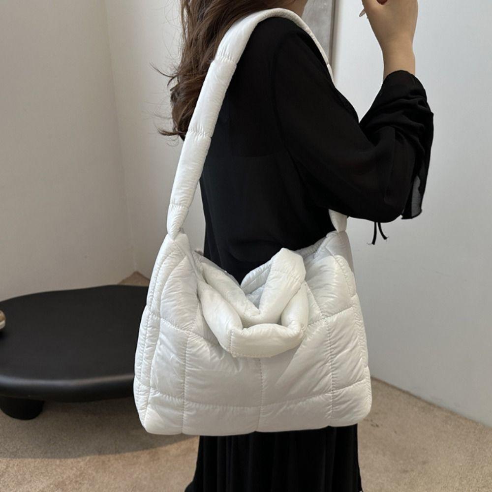 Solid Color Cloud Tote Bag Nylon Puffy Shoulder Bag Fashion Space Cotton Handbag  Girls