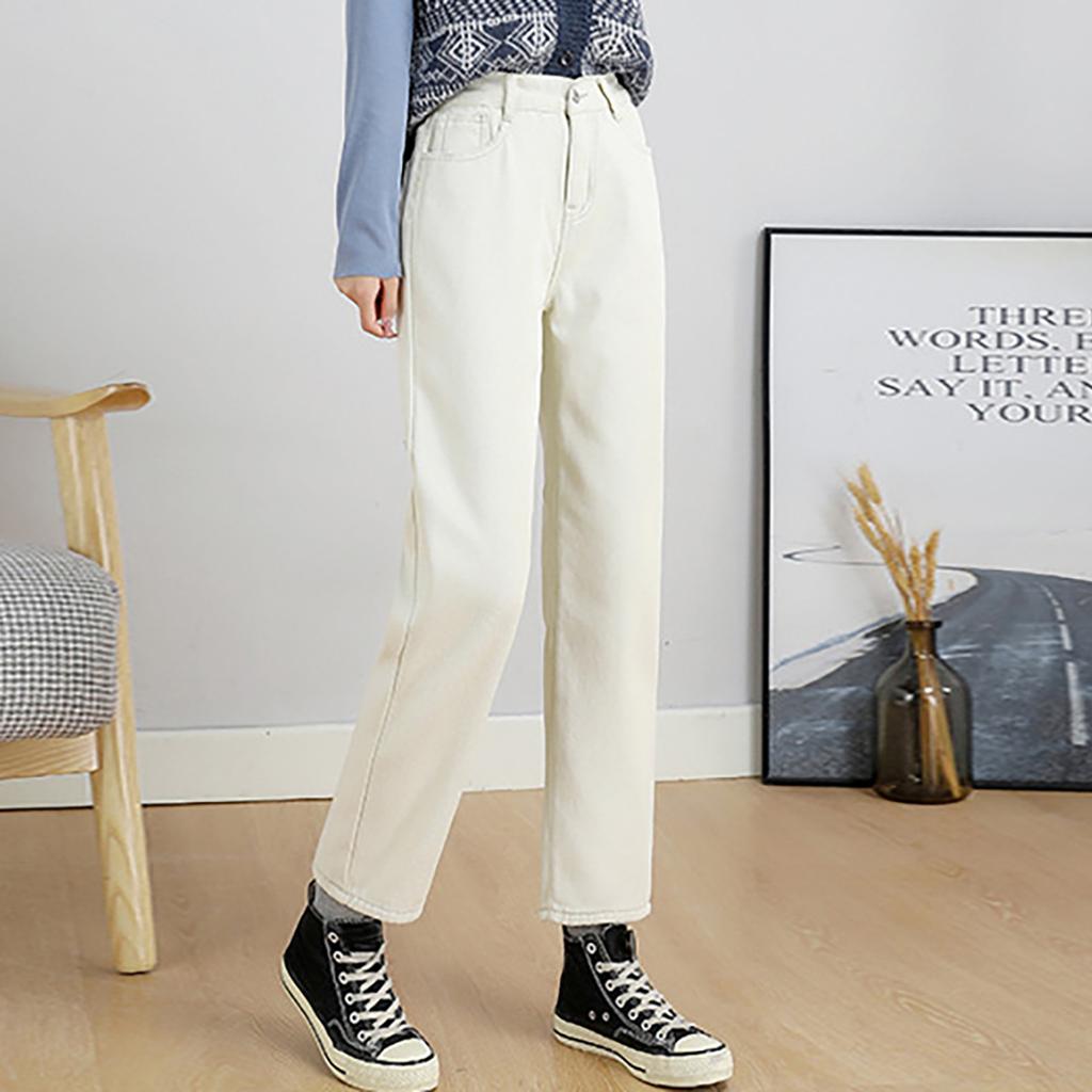 Fashion Women Plus Velvet Loose High Waist Casual  Jeans Straight Pants